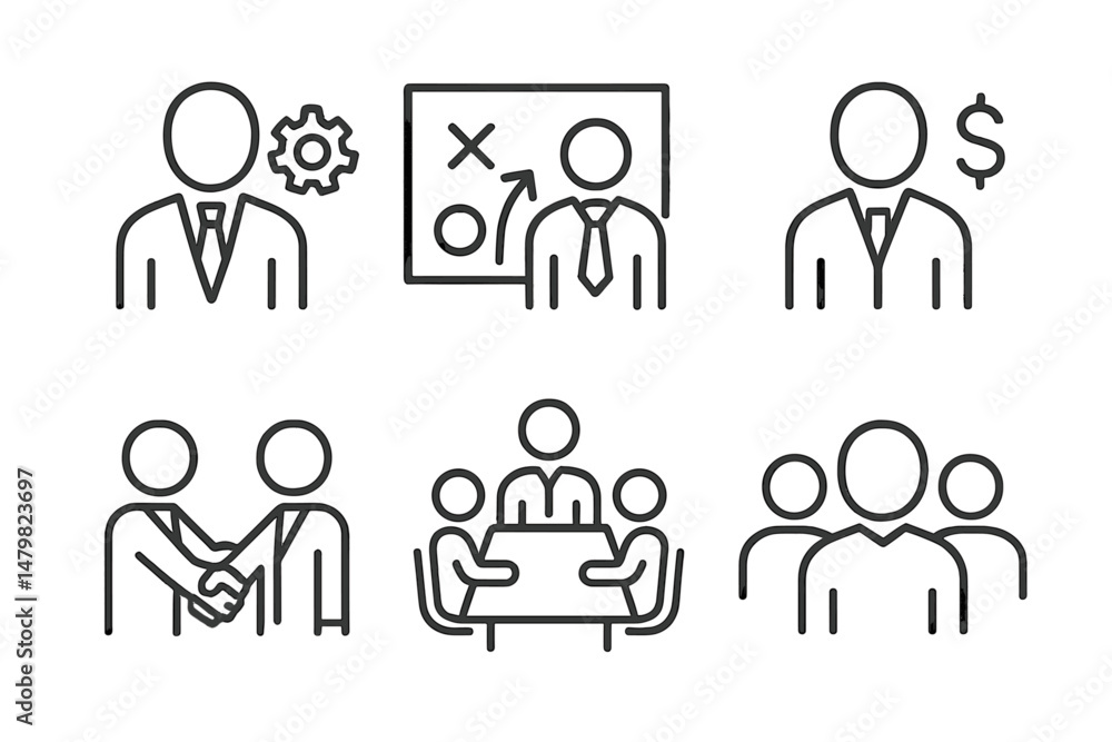 Business communication icons depicting teamwork, strategy, and leadership in a professional setting Business communication icons depicting teamwork, strategy, and leadership in a professional setting