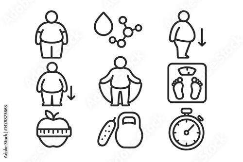 Set of web icons representing health, fitness, and weight loss concepts in a minimalist style for digital applications
