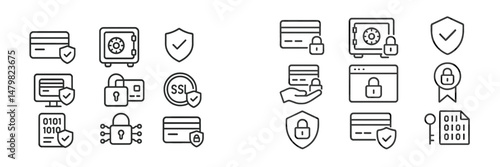 Set of web icons illustrating security features for online transactions and data protection tools
