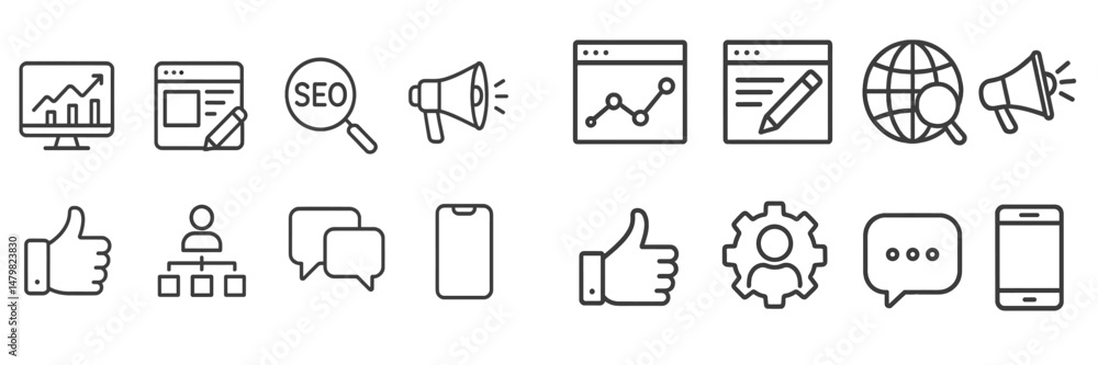 Modern web icons representing digital marketing, communication, and analytics in a clean line art style Modern web icons representing digital marketing, communication, and analytics in a clean line art style