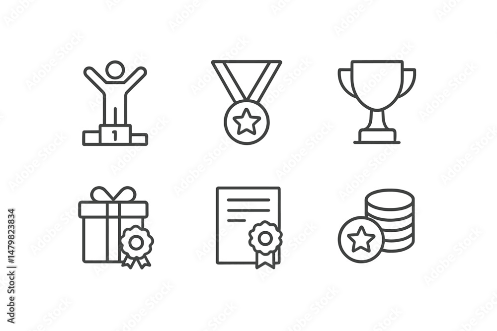 Set of web icons featuring achievement symbols like trophies, medals, and awards for digital designs Set of web icons featuring achievement symbols like trophies, medals, and awards for digital designs