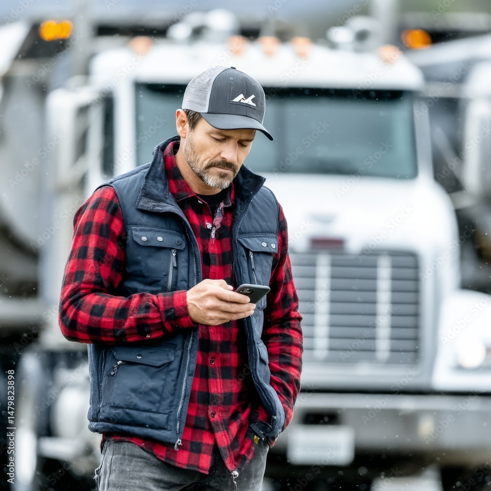 Obraz premium Truck Driver Checking His Phone During a Light Snowfall with Semi Truck in the Background