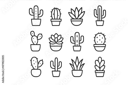 Collection of simple web icons featuring various cactus and succulent plant designs in pots for use in digital projects
