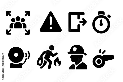 Collection of black web icons representing safety procedures and emergency actions in various situations