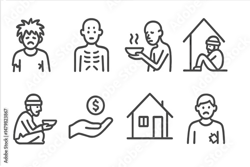 Collection of web icons depicting human emotions, poverty, and social issues in a minimalist design