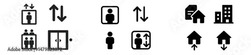 Set of web icons depicting elevator functionality and building accessibility features for user-friendly navigation