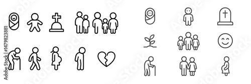 Set of web icons illustrating human life cycle, relationships, and emotions for digital design and applications