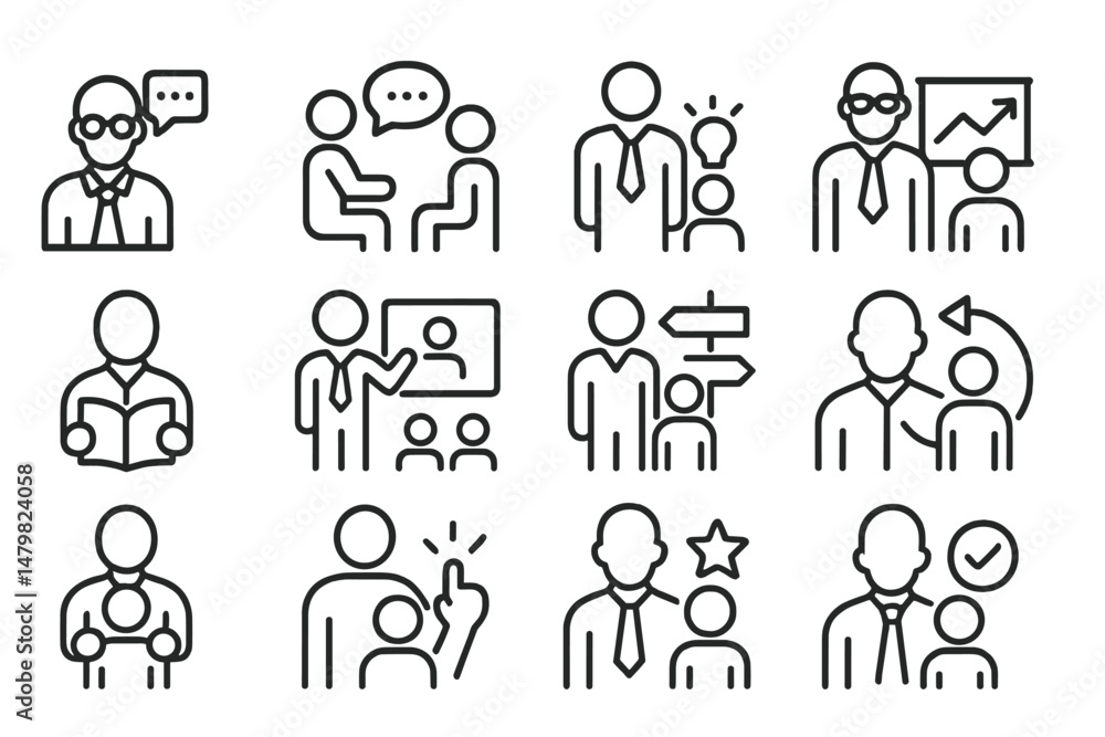 Collection of web icons illustrating communication, collaboration, and professional settings in a minimalist design Collection of web icons illustrating communication, collaboration, and professional settings in a minimalist design