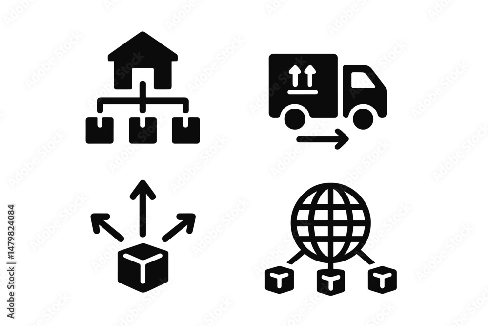 Set of web icons illustrating logistics, delivery, distribution, and global shipment concepts for digital design use Set of web icons illustrating logistics, delivery, distribution, and global shipment concepts for digital design use