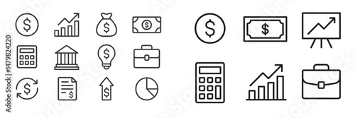 Set of web icons depicting financial themes and tools for business and investment applications