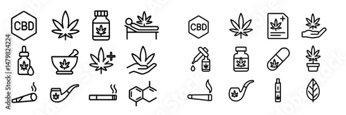 Collection of web icons depicting diverse CBD and cannabis-related themes and products for digital use