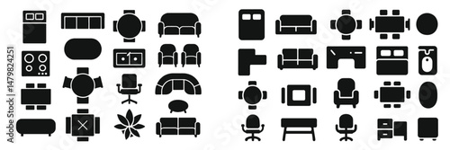 Collection of simple web icons representing various furniture and household items in a minimalist design for digital usage