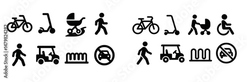 Various web icons representing transportation modes, pedestrian activities, and accessibility features in a cohesive set of symbols