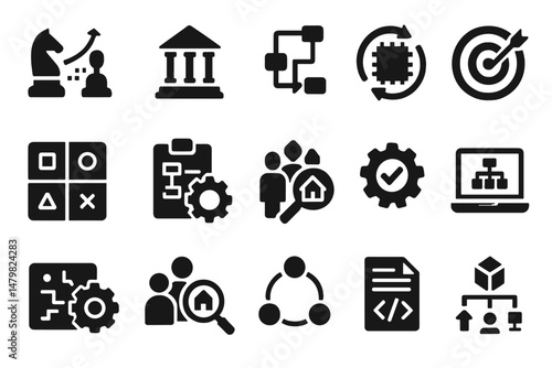 Collection of web icons depicting various concepts related to technology, strategy, and data management