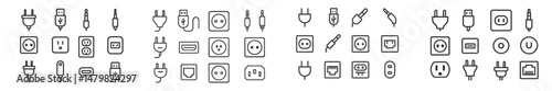 Collection of web icons featuring various types of electrical plugs, sockets, and connectors for digital design projects
