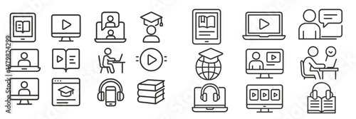 Collection of educational web icons representing various online learning tools and activities for digital classrooms