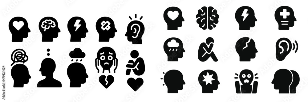 Collection of web icons representing mental health concepts and emotions in a monochrome design for digital use Collection of web icons representing mental health concepts and emotions in a monochrome design for digital use