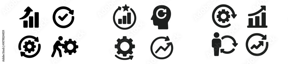 Collection of black web icons depicting growth, analysis, and productivity symbols for digital projects Collection of black web icons depicting growth, analysis, and productivity symbols for digital projects