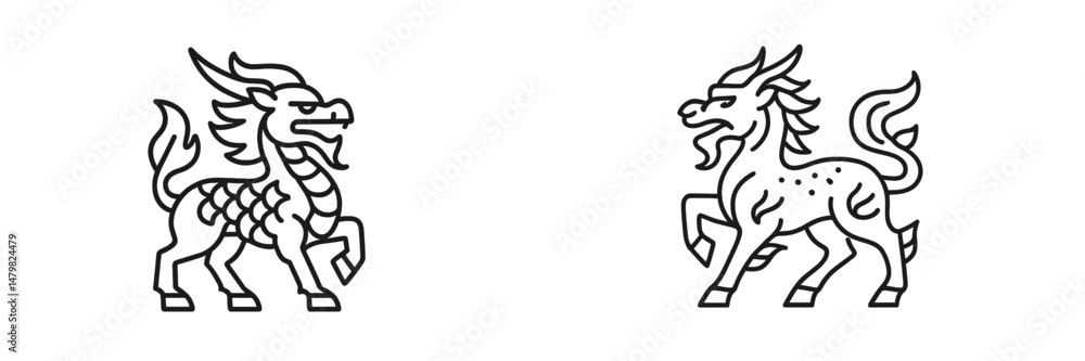 Fototapeta premium Unique set of web icons featuring mythical creatures in bold line art style for digital design projects