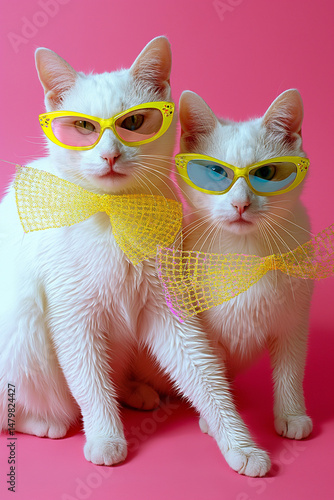 Two white cats pose stylishly in yellow sunglasses and glittery bows against a pink background. Whimsical fashion meets feline charm in this playful studio portrait.