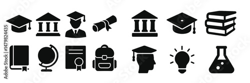 Set of diverse web icons representing education, learning, and academic achievements