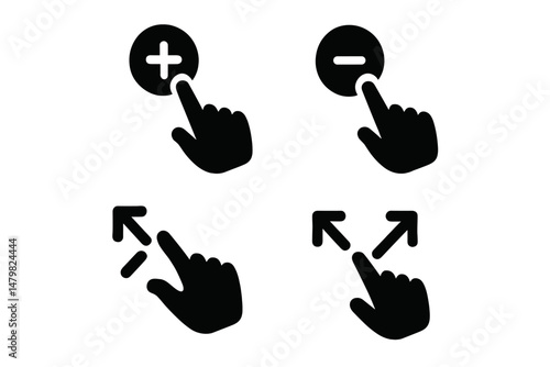Set of web icons featuring hand gestures for zoom in, zoom out, and screen adjustments, designed for user interface applications