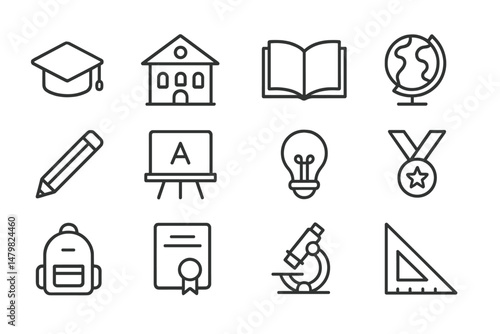 Collection of web icons representing education, learning tools, and academic achievements in a minimalistic design