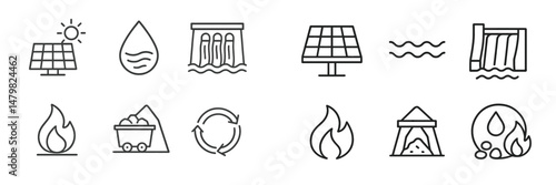 Vector icons illustrating renewable energy sources including solar, hydropower, and geothermal technologies in a clean design
