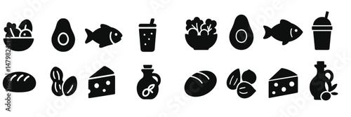 Collection of minimalist web icons representing food items and beverages for design projects and applications