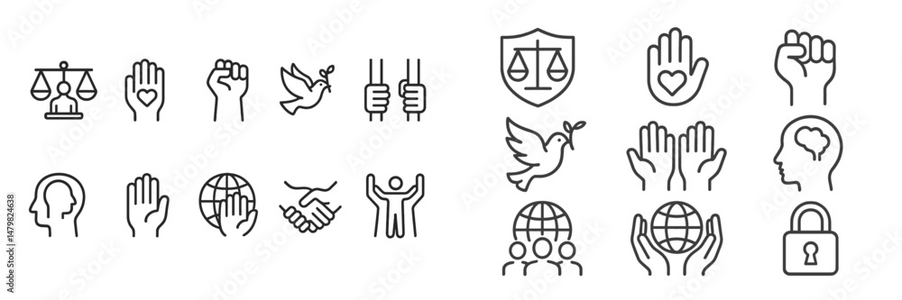 Fototapeta premium Collection of web icons representing social issues, justice, and community engagement in a clean, minimalist style