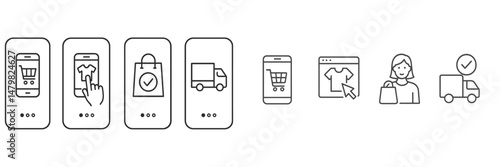Set of web icons illustrating the online shopping process from selection to delivery