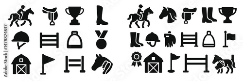 Collection of equestrian-themed web icons featuring horses, riders, and accessories for online use