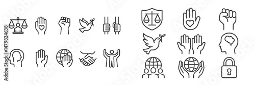 Collection of web icons representing social issues, justice, and community engagement in a clean, minimalist style