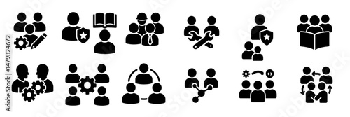 Set of web icons representing various social interactions, collaborations, and organizational activities for digital environments