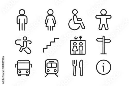 Set of web icons representing various human activities, accessibility features, and transportation options in flat design