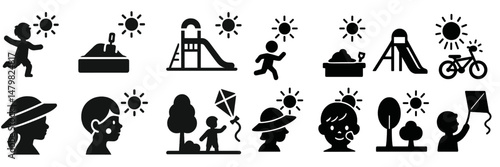 Set of web icons representing outdoor activities and children's playtime in sunny weather