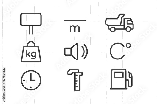 Collection of web icons representing various measurement units and transportation symbols for digital design projects