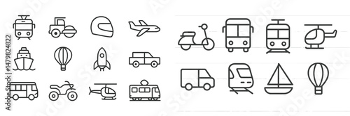 Collection of transport web icons featuring various travel modes and vehicles in line art style for digital projects