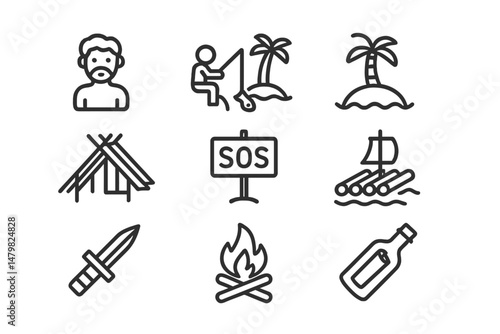 Collection of web icons depicting survival themes such as fishing, SOS signals, and island living