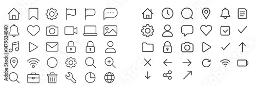 Collection of minimalistic web icons showcasing communication, navigation, and multimedia elements for design use