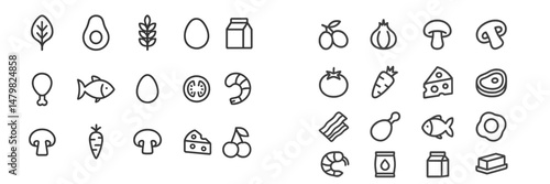 Collection of minimalistic web icons representing various food items for digital use and design