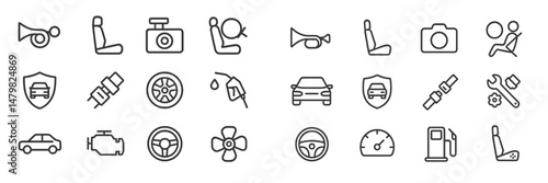Collection of minimalist web icons representing automotive features and functions for modern designs