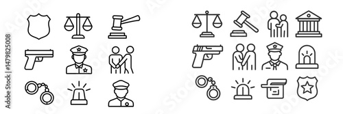 Set of web icons depicting law enforcement, justice symbols, and public safety elements for digital use