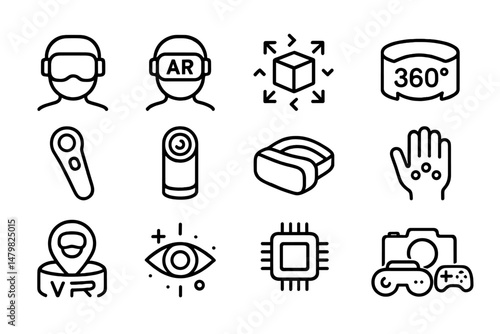 Variety of web icons representing virtual reality, augmented reality, and immersive technology concepts