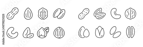 Collection of minimalistic line art web icons depicting various seeds and nuts in a clean design format
