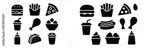 Collection of web icons featuring fast food items including burgers, fries, tacos, and beverages suitable for design projects and applications