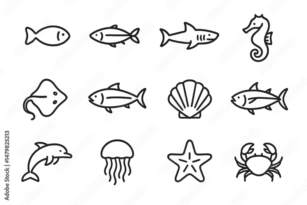 Fototapeta premium Set of web icons featuring various marine animals and sea life in simple line art style