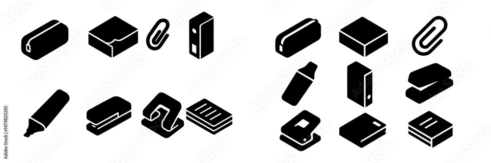 Set of black and white web icons depicting various office supplies and tools for digital design Set of black and white web icons depicting various office supplies and tools for digital design