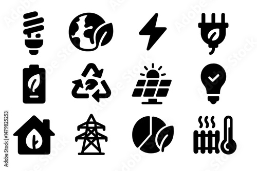 Set of eco-friendly web icons for renewable energy and sustainability themes