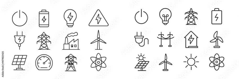Fototapeta premium Set of energy-related web icons featuring various symbols for electricity, renewable energy sources, and power indicators
